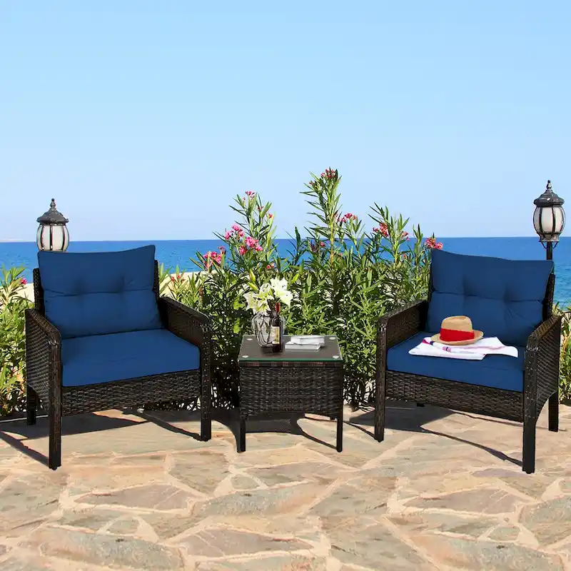 Gymax 3PCS Rattan Patio Conversation Furniture Set Yard Outdoor w/