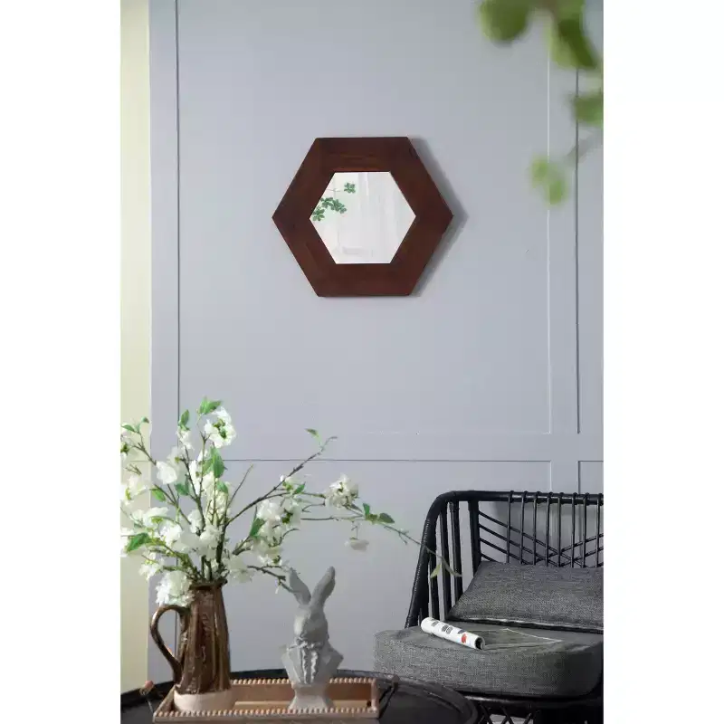 MAYEERTY 18.5 x 18.5 Hexagon Wall Mirror with Solid Wood Frame, Wall Decor for Living Room Bathroom Hallway, Dark Brown