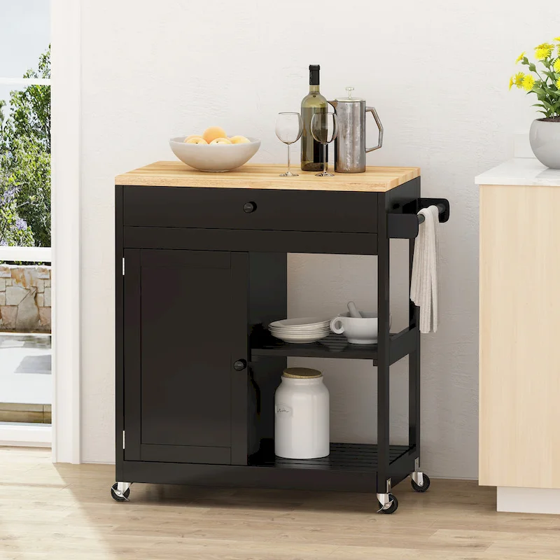 Black/White/Gray & Natural Wood Top Rolling Kitchen Cart with Drawer & Cabinet, for 1