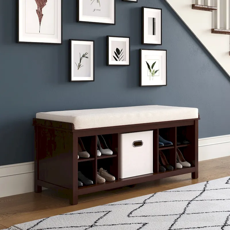 Solid Wood Hall Tree with Bench, Shoe Storage & 6 Hanging Hooks