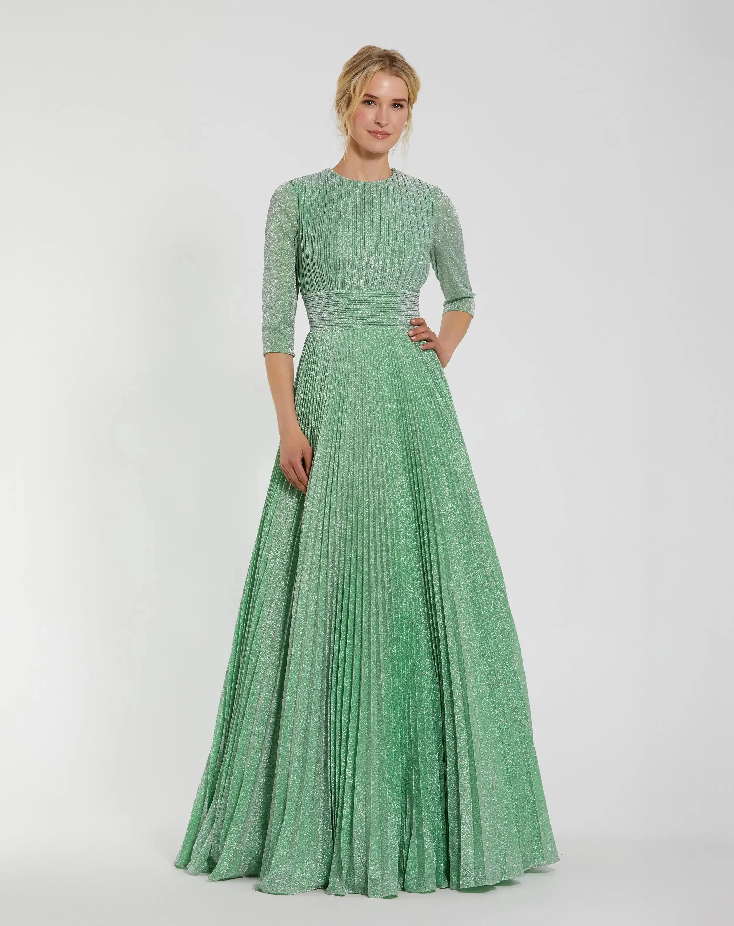 Green Pleated Shimmering 3/4 Sleeve Gown