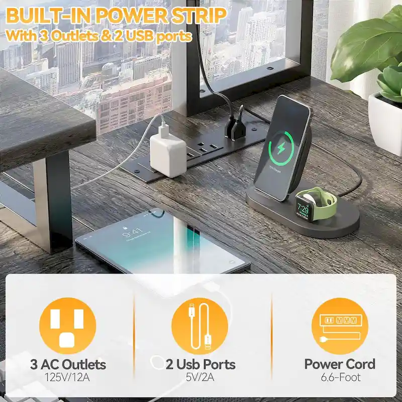 Farmhouse L-shaped Desk with Power Outlet, Gaming Table with Hutch and LED Light