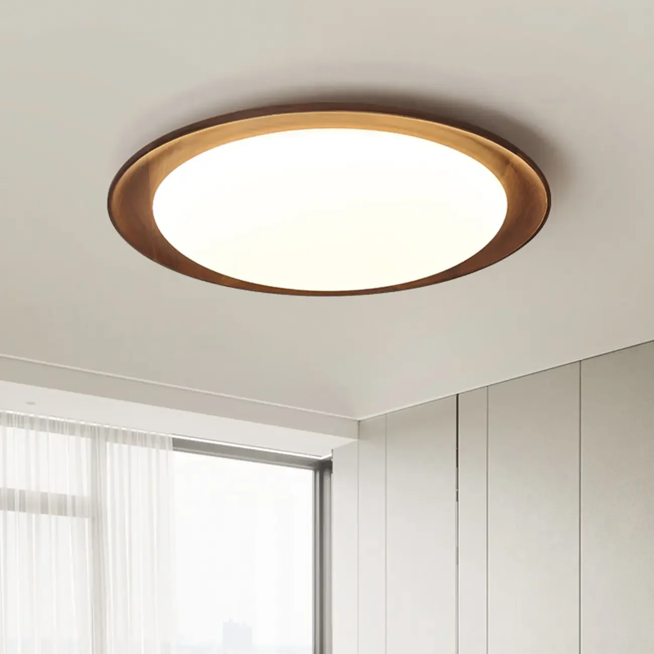 Minimalist Walnut Wood Dimmable Flush Mount LED Ceiling Light