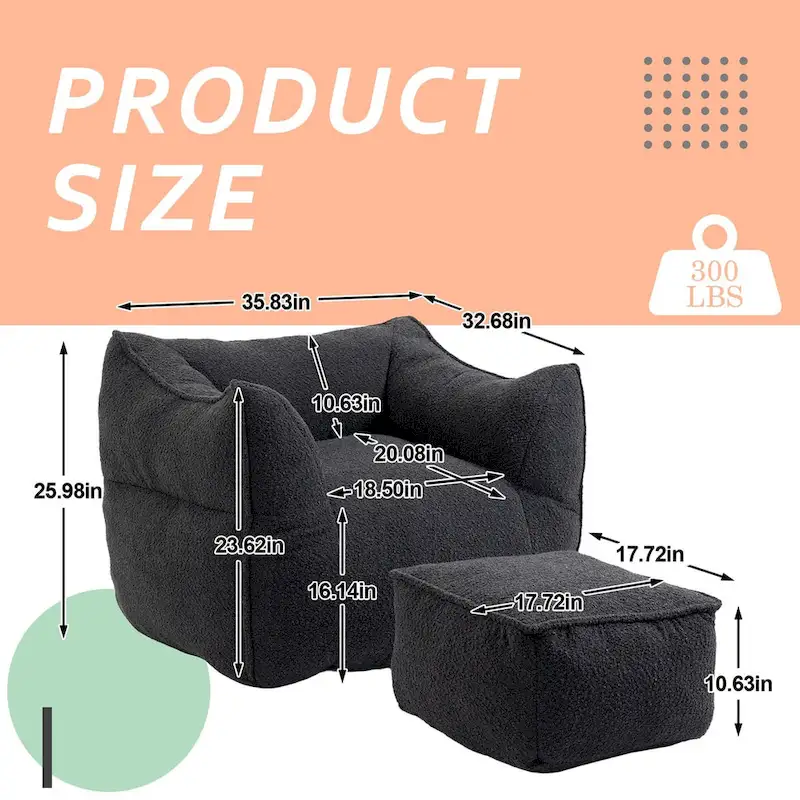 Boucle Upholstered Deep Seat Armless Square Bean Bag Chair with Ottoman