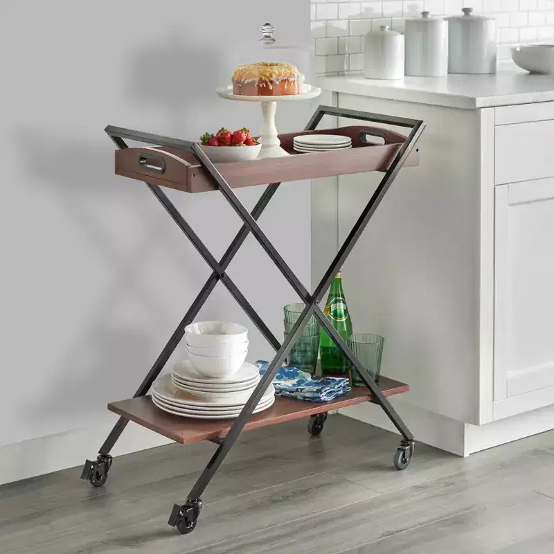 Buylateral Landress Metal Frame Bar Cart with Serving Tray Walnut/Black