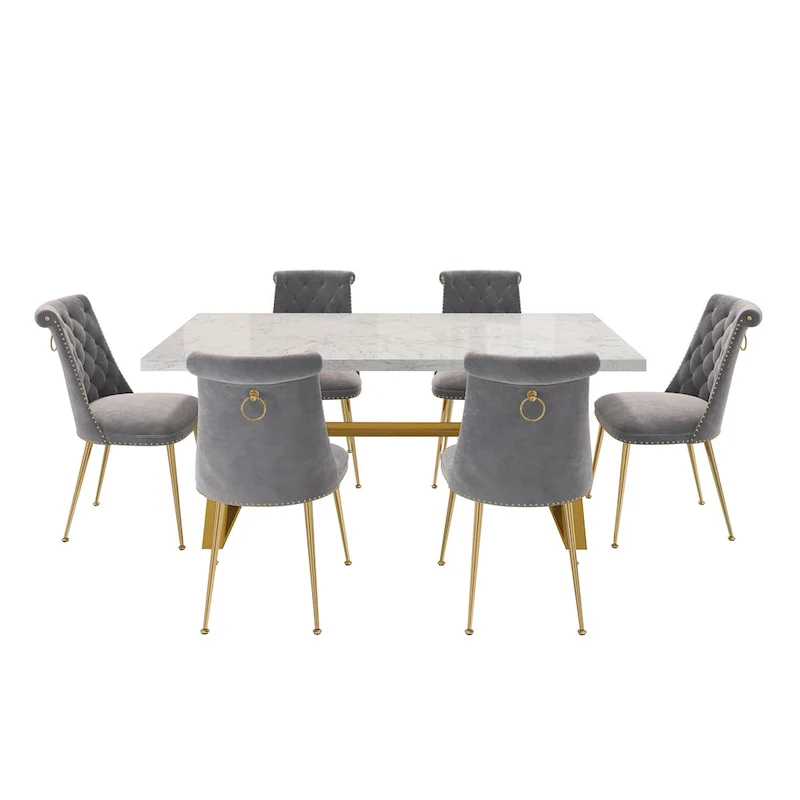 7-Piece Clihome Marble Dining Table with Velvet Chair Dining Chair