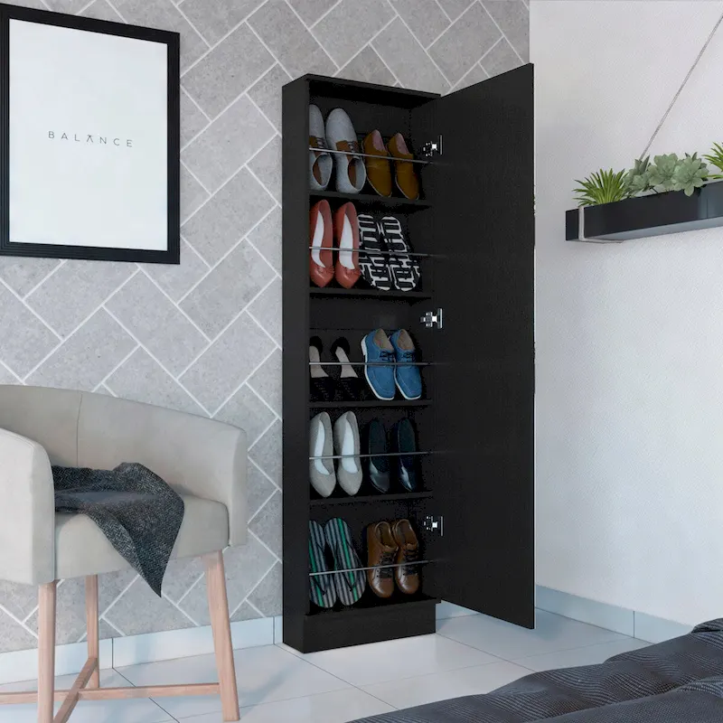 Shoe Cabinet with Mirror, Single Door, 5 Interior Shelves, Holds up to 10 Pairs, Black / White, 1-Person Use