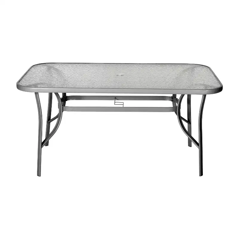 Emma and Oliver Rectangular Tempered Glass Top Patio Table with Umbrella Hole and Black Steel Tube Frame