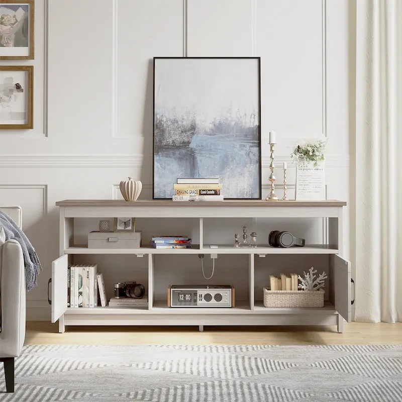 Wood Grain Farmhouse TV Stand with X-Door, Power Outlet & USB | Fits up to 65