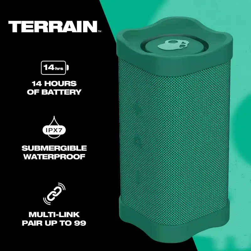 Skullcandy Terrain XT Wireless Bluetooth Speaker - IPX7 Waterproof, Portable, 14 Hour Battery, Nylon Wrist Wrap, & True Wireless Stereo, Green