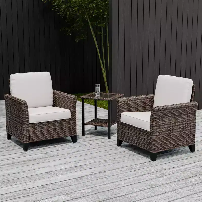 EAGLE PEAK Ocean Vista 3 Piece Outdoor Wicker Bistro Set, Variated Wicker Conversation Dining Chair Set with Side Table