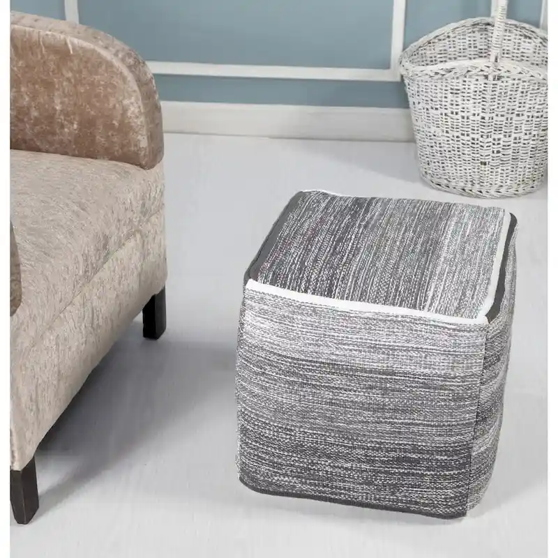 Grey Distressed Gradation Cotton Hand-Loomed Pouf Ottoman – Medium – 1 Person