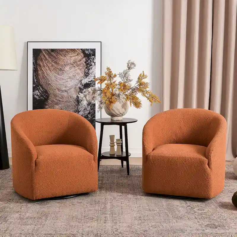 KINWELL 32 W Boucle Upholstered Swivel Barrel Armchair (Set of 2)