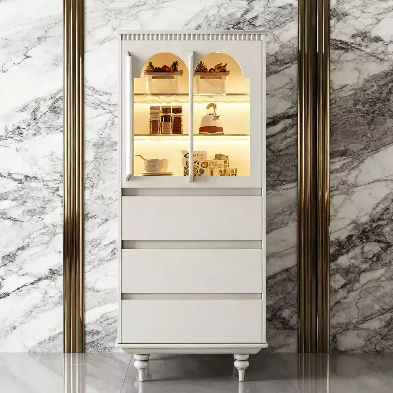 Gaoyangjiaju 56.88 Inch High White Pantry Cabinet with Arched Glass Doors and 3 Drawers Freestanding Kitchen Storage Organizer for Dining Living Room