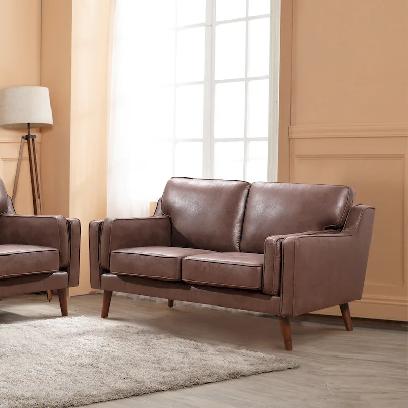 Brown Air Leather Mid-Century Sofa / Loveseat with Track Arms – Modern Style, Seats 2–3