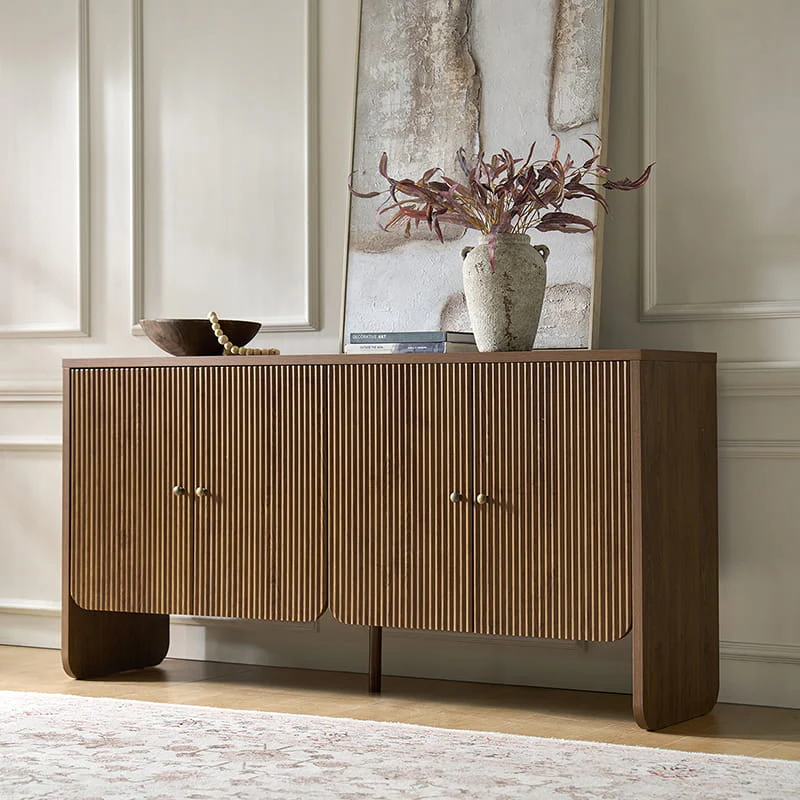 4-Door Fluted Sideboard with Adjustable Shelves, Cable Management & Round Handles | Walnut / Acorn / Oak | Single
