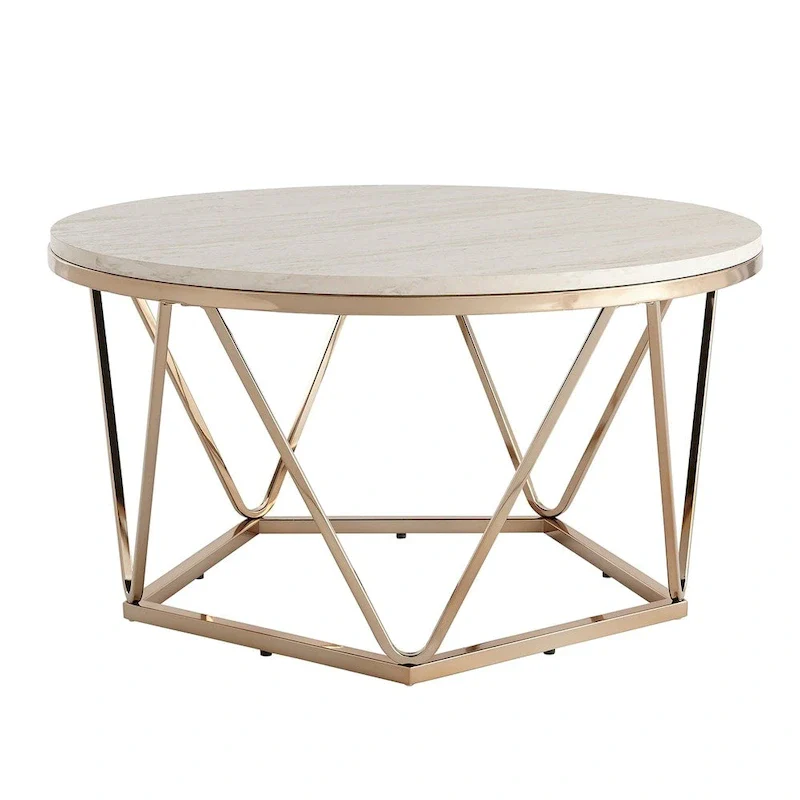 Modern Faux Marble Round Coffee Table with Gold Geometric Base
