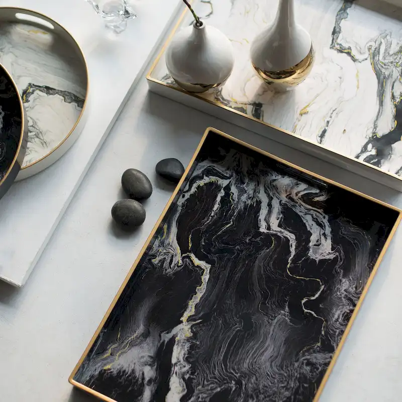 A&B Home Quinn Black and White Marble Rectangular Trays