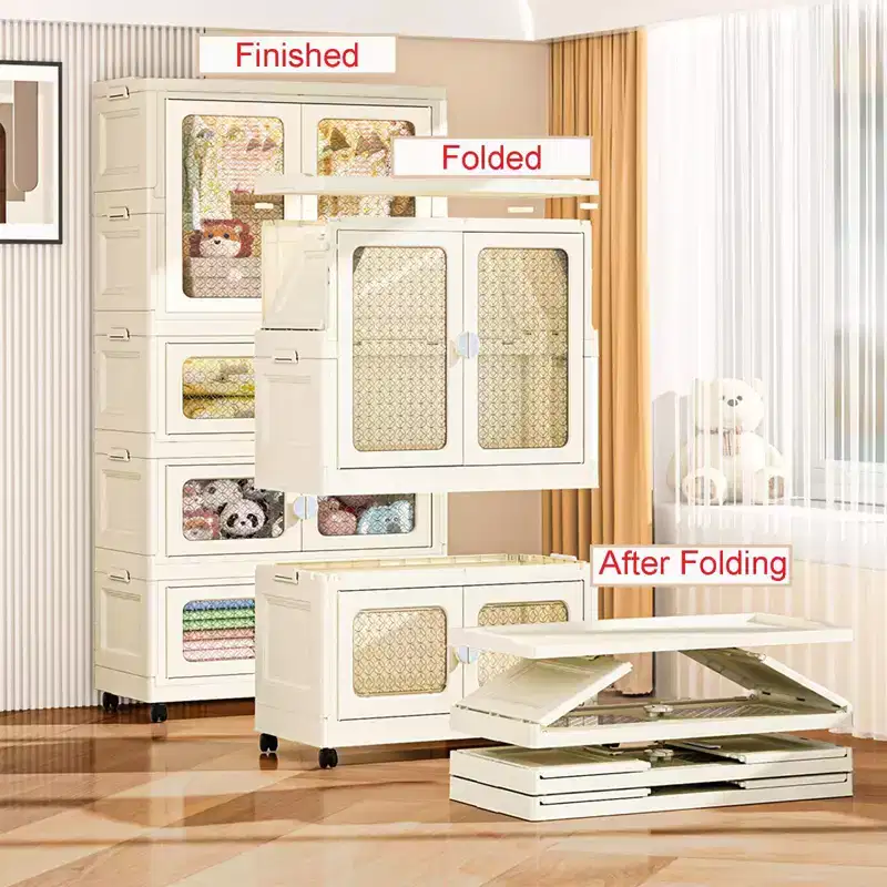 Extra-large plastic storage cabinet with lid and transparent door, suitable for bedrooms, living rooms, offices, and garages.