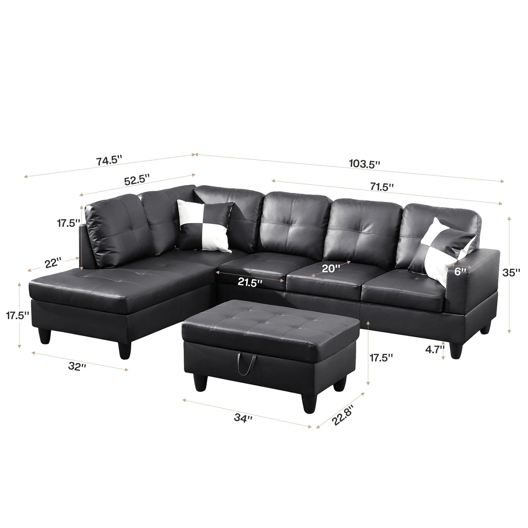 Semi PU Synthetic Leather 3-Piece Couch Living Room Sofa Set