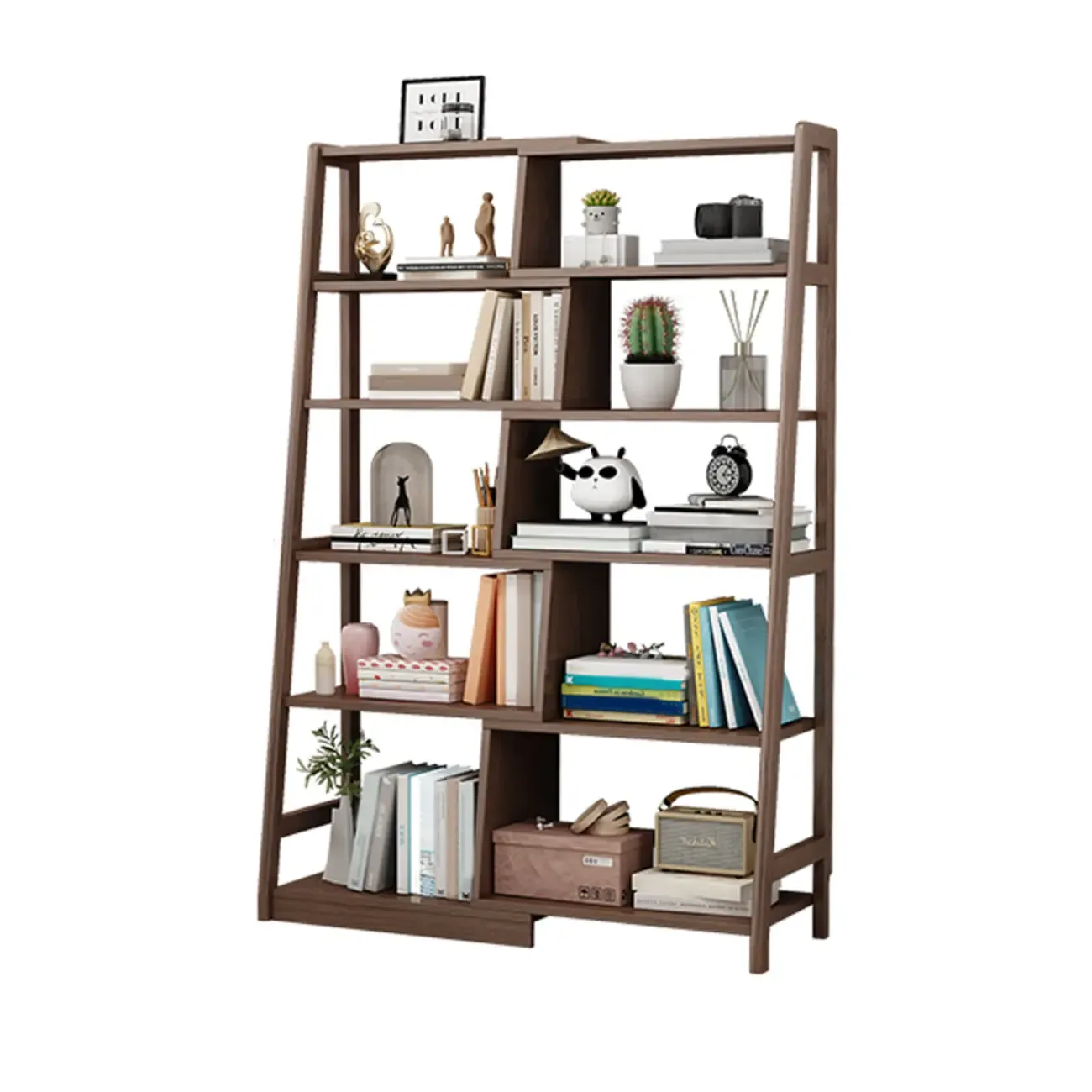 5-Tier Walnut Wooden Open Ladder Bookshelf
