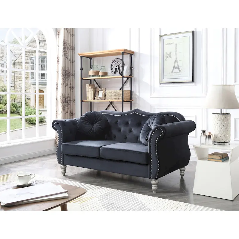Hollywood 68 in. Velvet Chesterfield Loveseat with 2-Throw Pillow - 68L x 35W x 34H