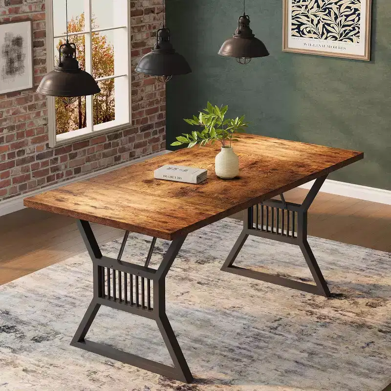 71 Inch Large Rectangle Dining Table for 4-6 People, Geometric Metal Legs & Thick Wood Tabletop, Modern Farmhouse Style, for Dining Room