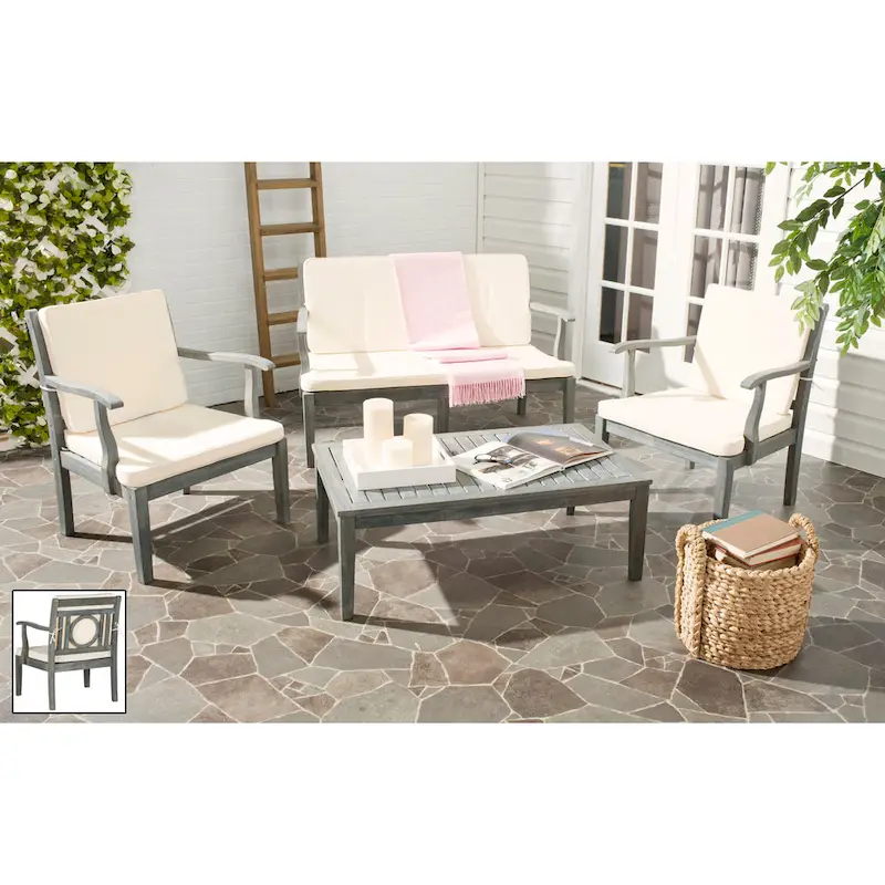 SAFAVIEH Outdoor Living Montclair Ash Grey Acacia Wood 4-piece Beige Cushion Patio Set - 48