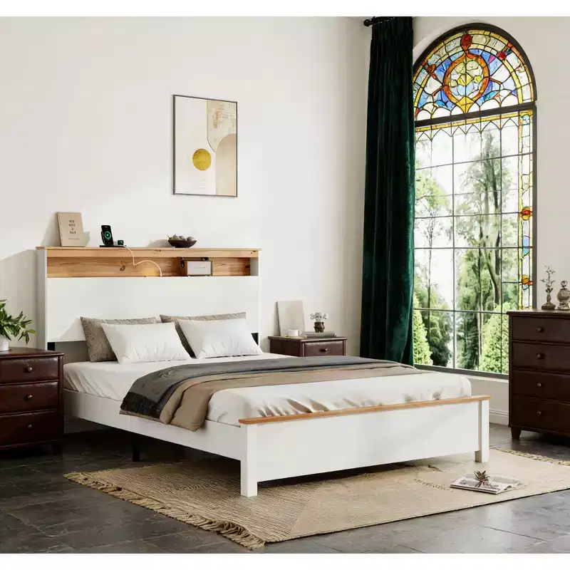 Bellemave Platform Bed Frame with Integrated Charging Station & Storage Headboard, LED Light, Antique White.