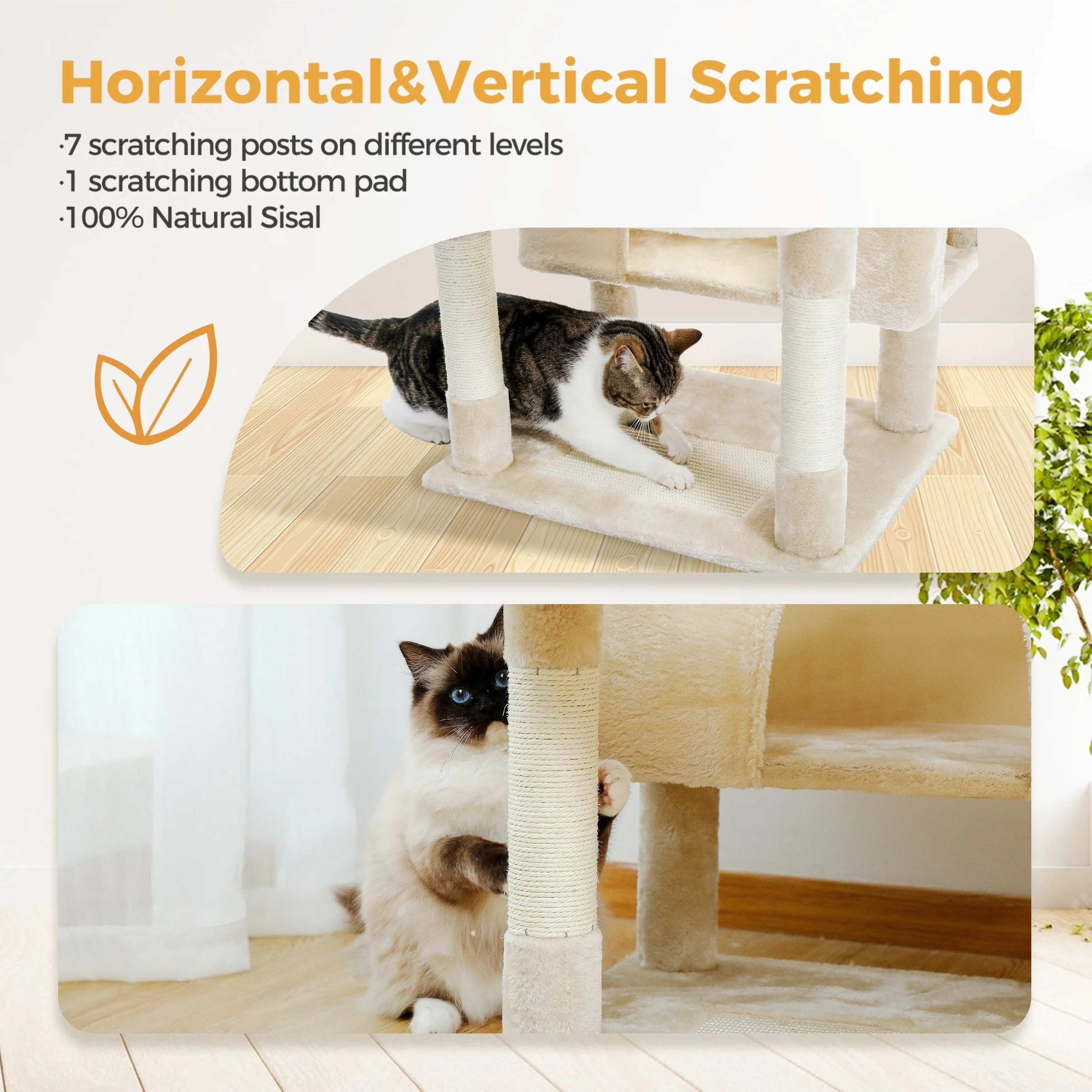 Large Cat Tower Cat Condo with Scratching Posts and Pads, 2 Padded Perch, Dual Condo and Basket