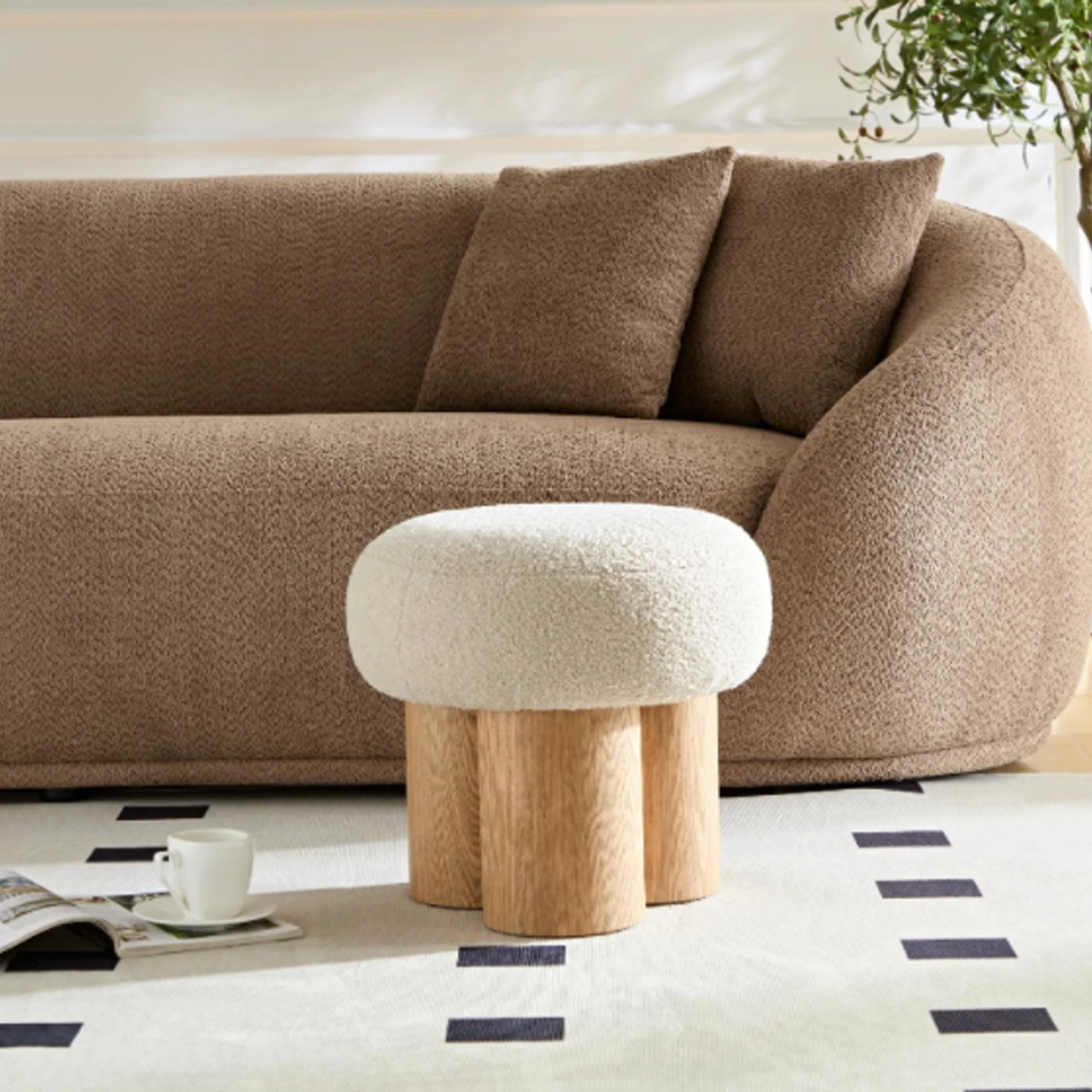 Walker Edison | Minimalist Curve Wooden Mushroom Boucle Stool
