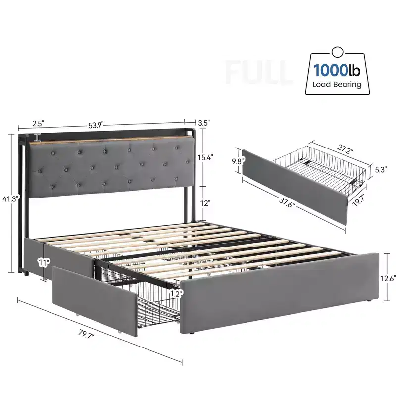 Garvee Bed Frame with 4 Storage Drawers and Charging Station, Upholstered Bed Frame with Storage Headboard -No Box Spring Needed