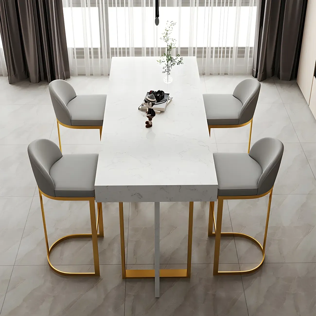 Rectangle White Marble Top Iron Base Dining Bar Table