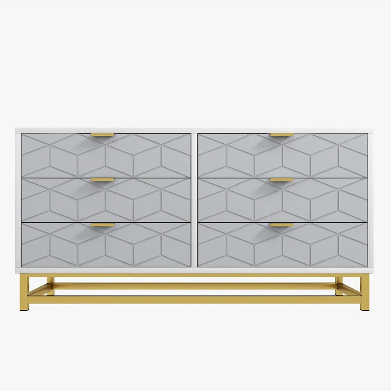 6-Drawer Dresser with Gold Metal Legs - White Wood