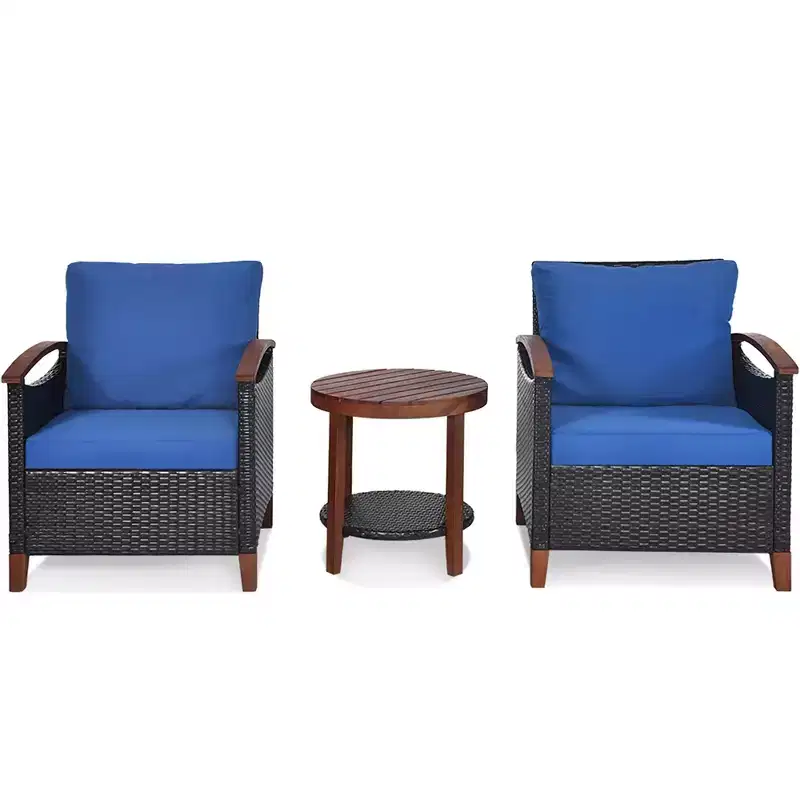 Costway 3PCS Patio Rattan Furniture Set Wooden Frame Cushion Table Shelf Red\Beige\Blue