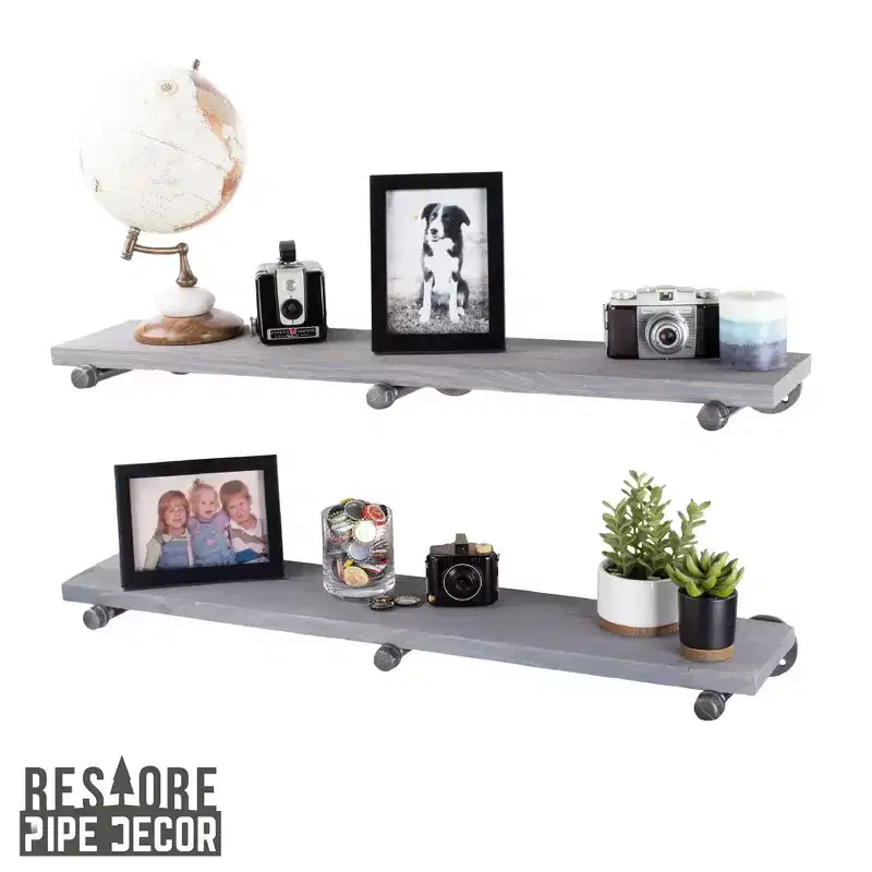 RESTORE Riverstone Grey 36 in. Shelves with Straight Brackets by Pipe Decor