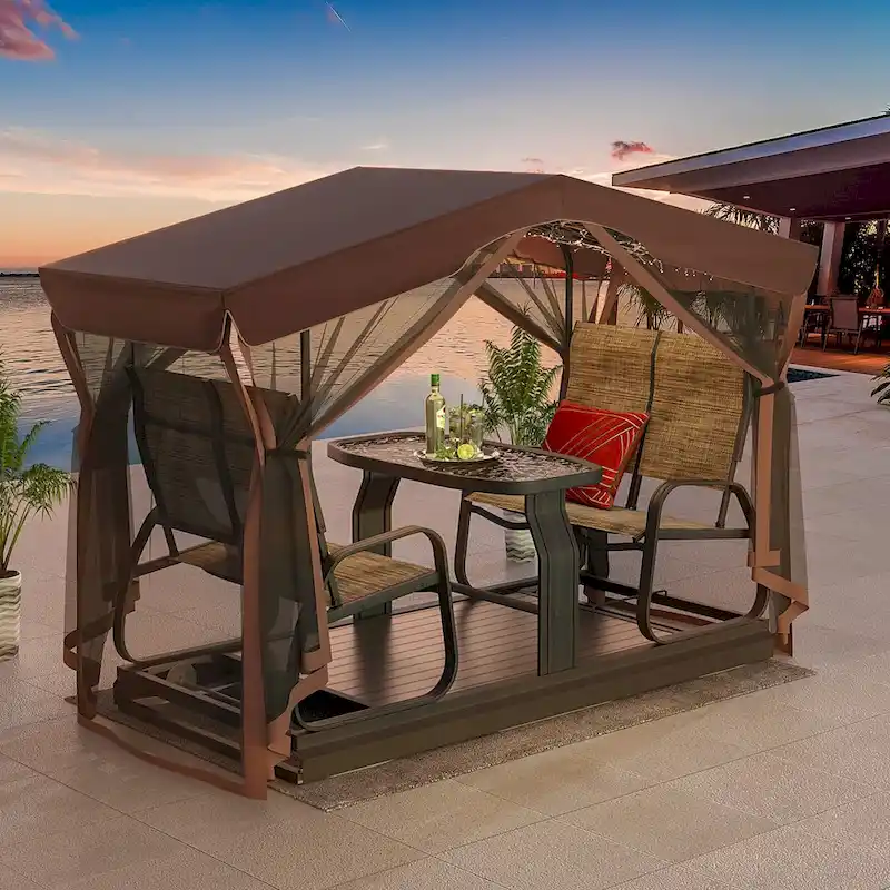 Erommy 4-Seat Patio Swing Chair Outdoor Glider Benches, Aluminum Frame, Canopy with Netting, Porch Glider Chair