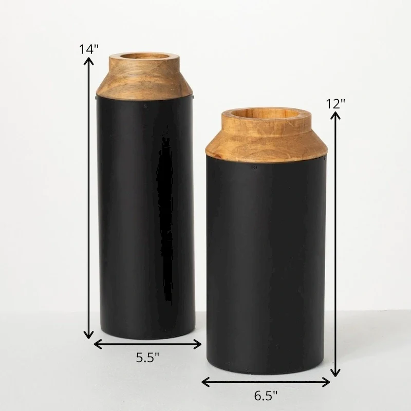 Sullivans Wood Vase With Black Wrap Set of 2, 14 H & 12 H Black - 5.5 L x 5.5 W x 14 H, 6.5 L x 6.5 W x 12 H