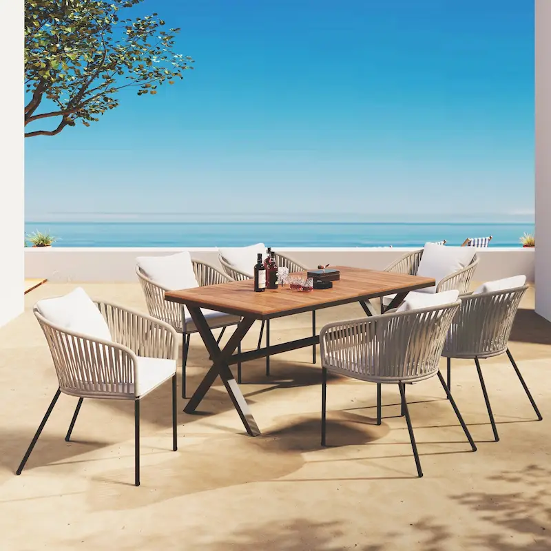 7 Pieces Patio Dining Set, Outdoor Furniture Set with Dining Table and 6 Chairs, Acacia Wood Table Top, Metal Frame Beige