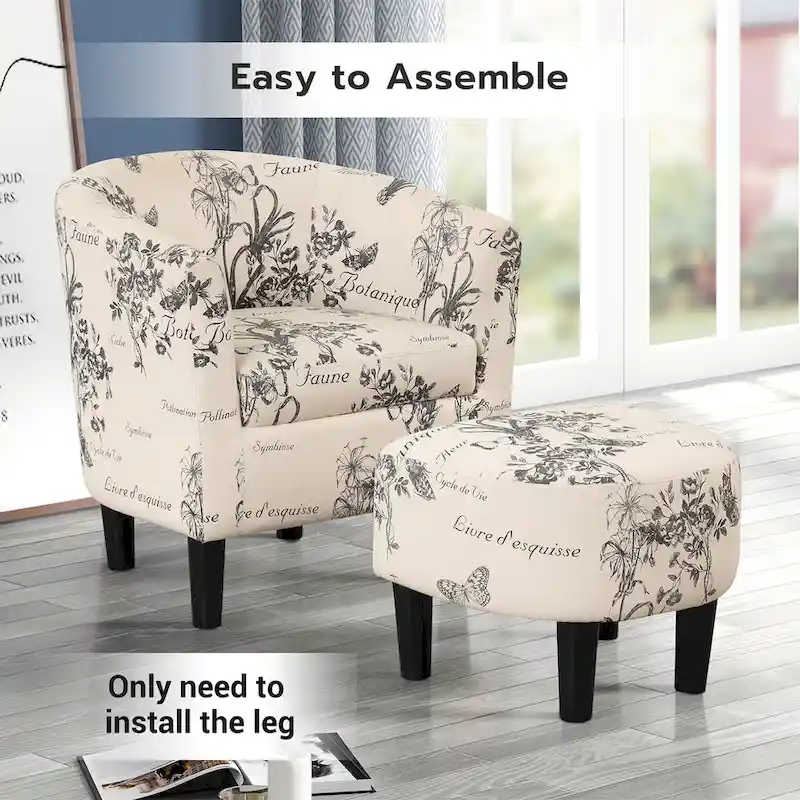 Classic Barrel Accent Chair Upholstered in Soft Polyester Fabric Footrest included