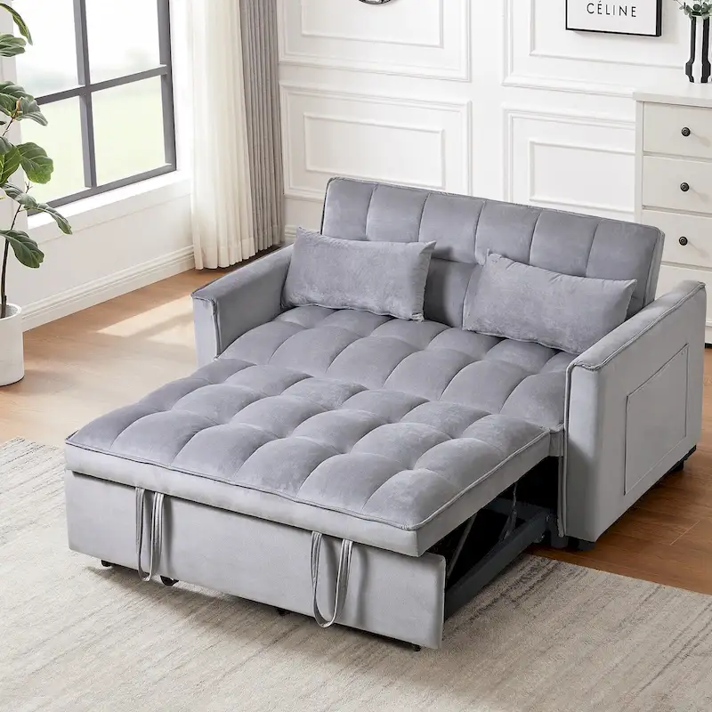 Modern Velvet Loveseat Futon Sofa Couch Pullout Bed, Small Love Seat Lounge Sofa w/Reclining Backrest, Toss Pillows, Pockets
