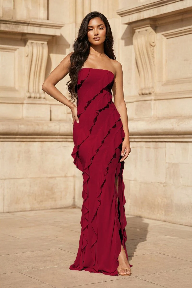 Pink - Sheath Strapless Chiffon Long Prom Dresses With Ruffles