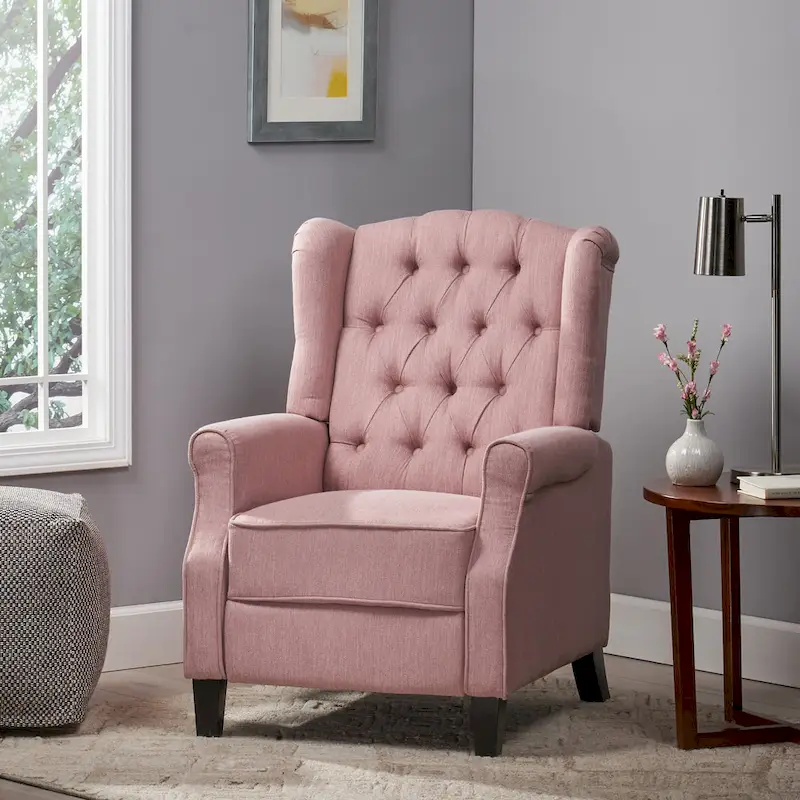 Modern Wingback Push-Back Recliner with Footrest, Button-tufted, Birch Legs