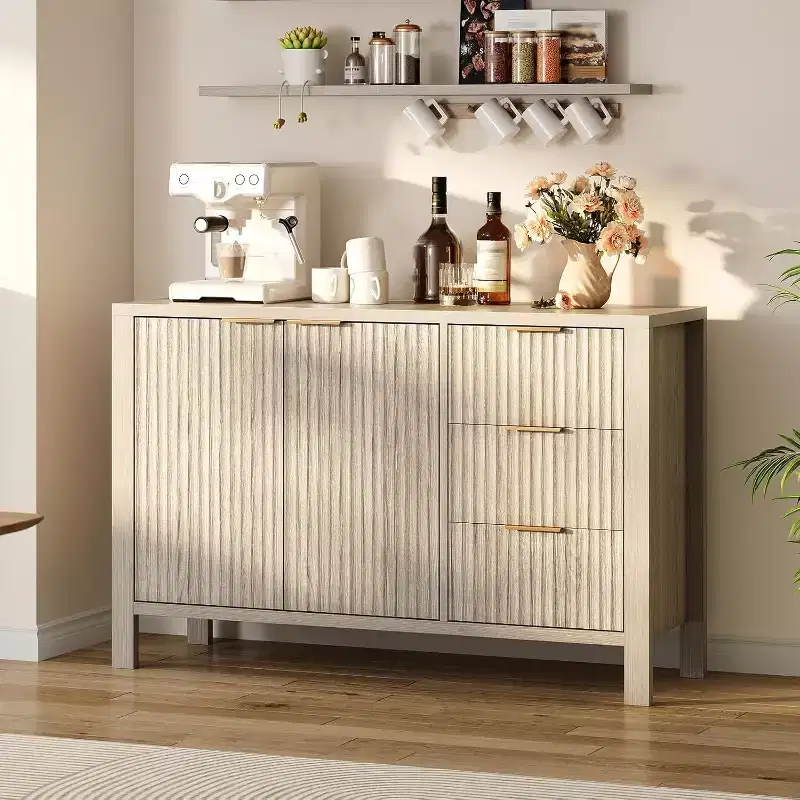 47 Fluted Sideboard Buffet Cabinet, 2 Doors, 3 Drawers, Adjustable Shelf, for Dining Room, Living Room, Entryway