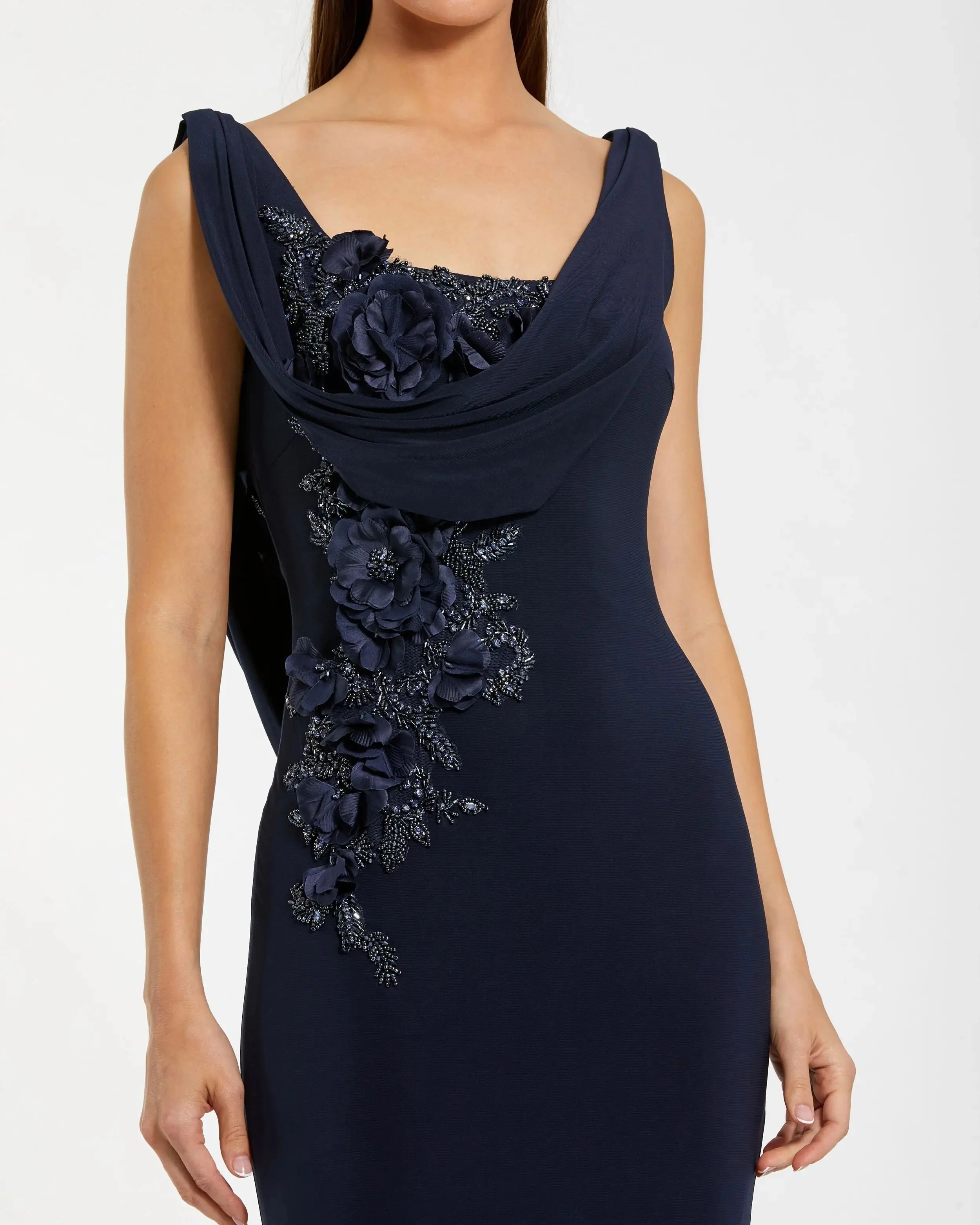 Navy Sleeveless Jersey Cowl Neck Gown With Beading