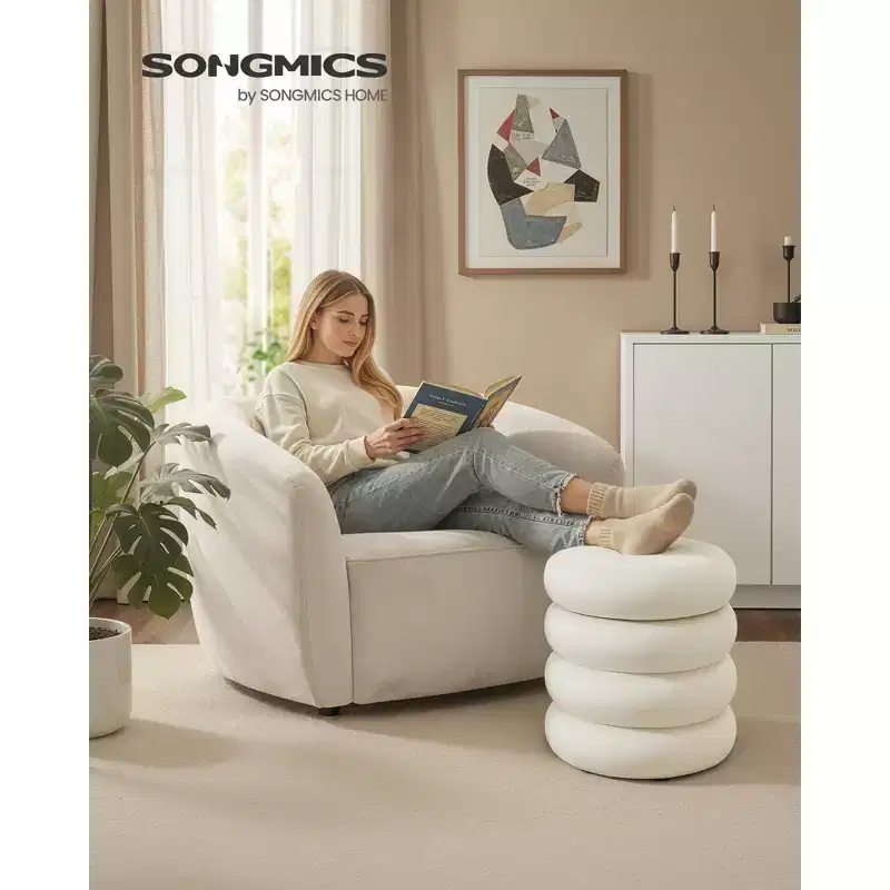 SONGMICS Vanity Stool, Round Ottoman with Storage, Upholstered Foot Stool, Removable Lid, Easy Assembly, Velvet Fabric, Cream White