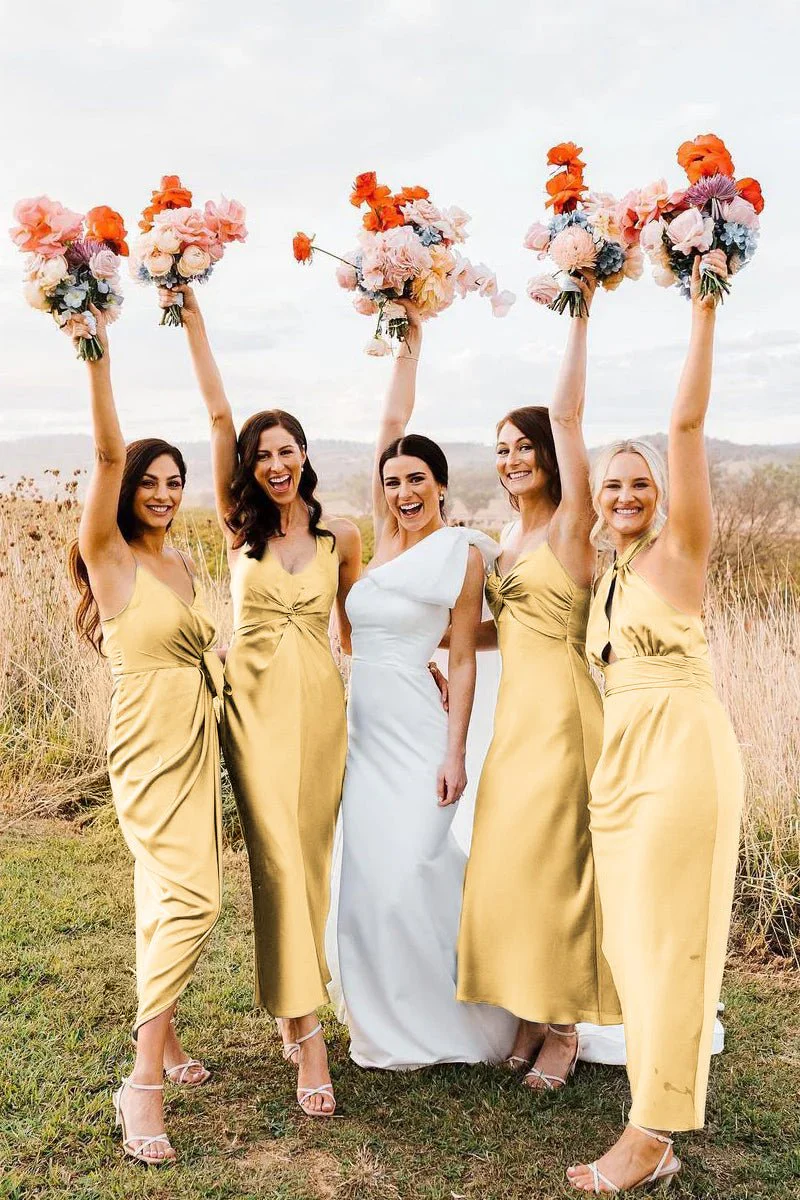 Elegant Sheath Halter Silk Satin Bridesmaid Dresses