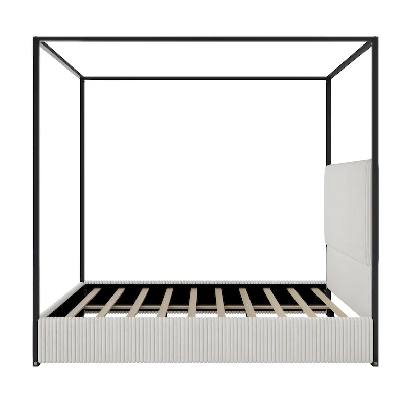 Modern Luxury Metal Canopy Bed with Tall Upholstered Headboard & Four Poster