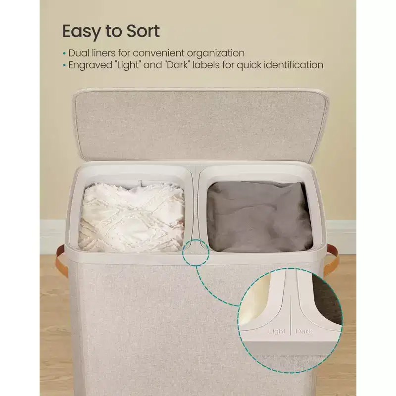 44.9 Gal Large Laundry Hamper with Lid, 2 Compartment Dirty Clothes Basket, Removable Inner Bags & Handles, 22x15.7x29.5 Inches