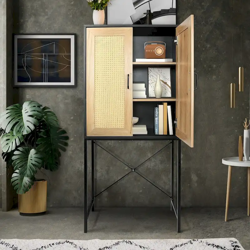 Natural 3-Tier Rattan Door Cabinet, Single
